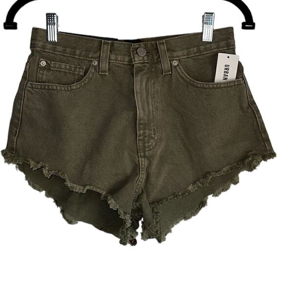 BDG Urban Outfitters High‎ Rise Cheeky Shorts distressed khaki green size 26 NWT - Picture 2 of 9